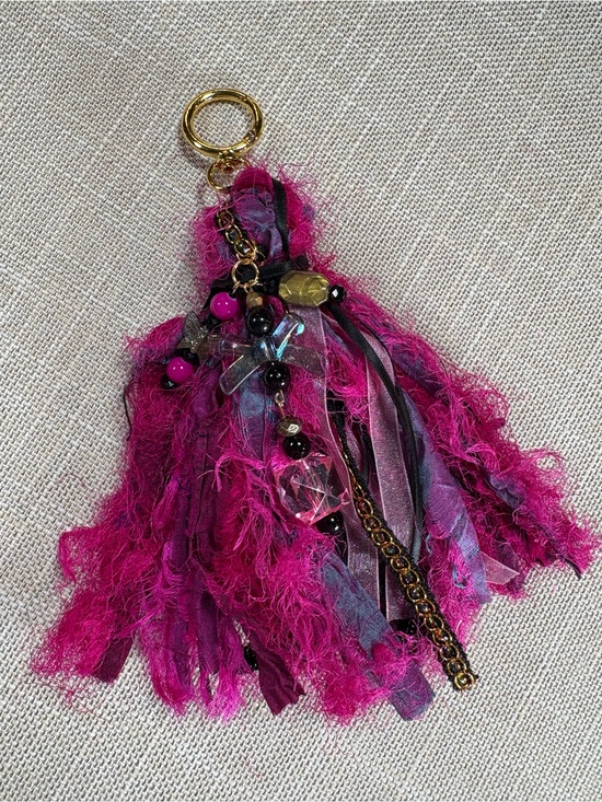 Hand Crafted Accessories - Hand Crafted Fuchsia Pink Tassel Keychain/Bag Charm with Gold Accents